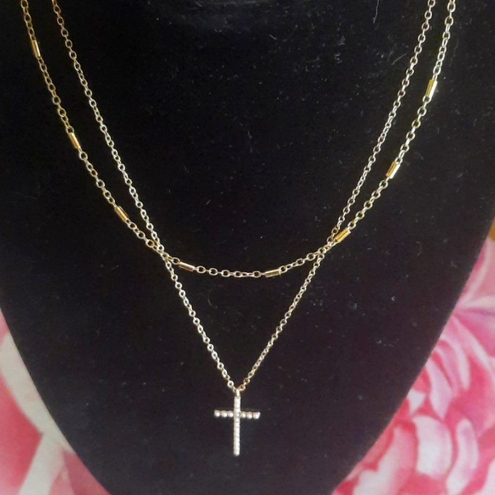 Gold Pearl Cross Necklace - Double Layer